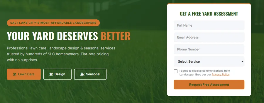 Landscaping website hero with lead form